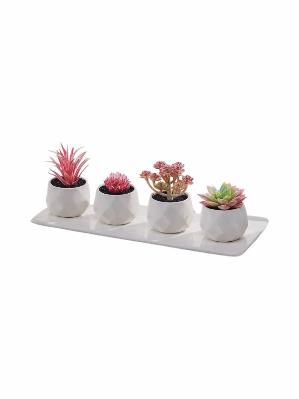 NWT-CADNLY-White Ceramic Succulent Planter Set with Pink Artificial Succulents